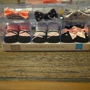 Hudson Baby Pink and Black Headband & Sock Set